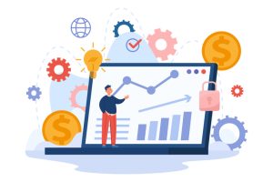 Tiny cartoon man on laptop background with financial charts. Flat vector illustration. Fund charts, startup deposit, global market, alternative fintech. Business, economy, digital innovation concept