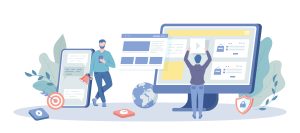 Digital Marketing Concept. Marketing Strategy for website and mobile website, content promotion on Internet and social media. Vector illustration with character situation for web.